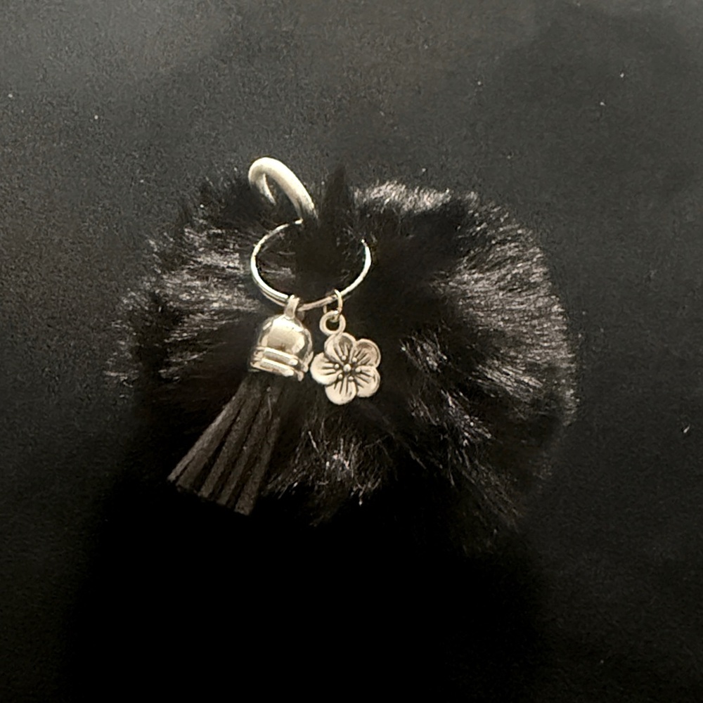Chic Black Pom Pom Keychain with Tassel and Flower Charm